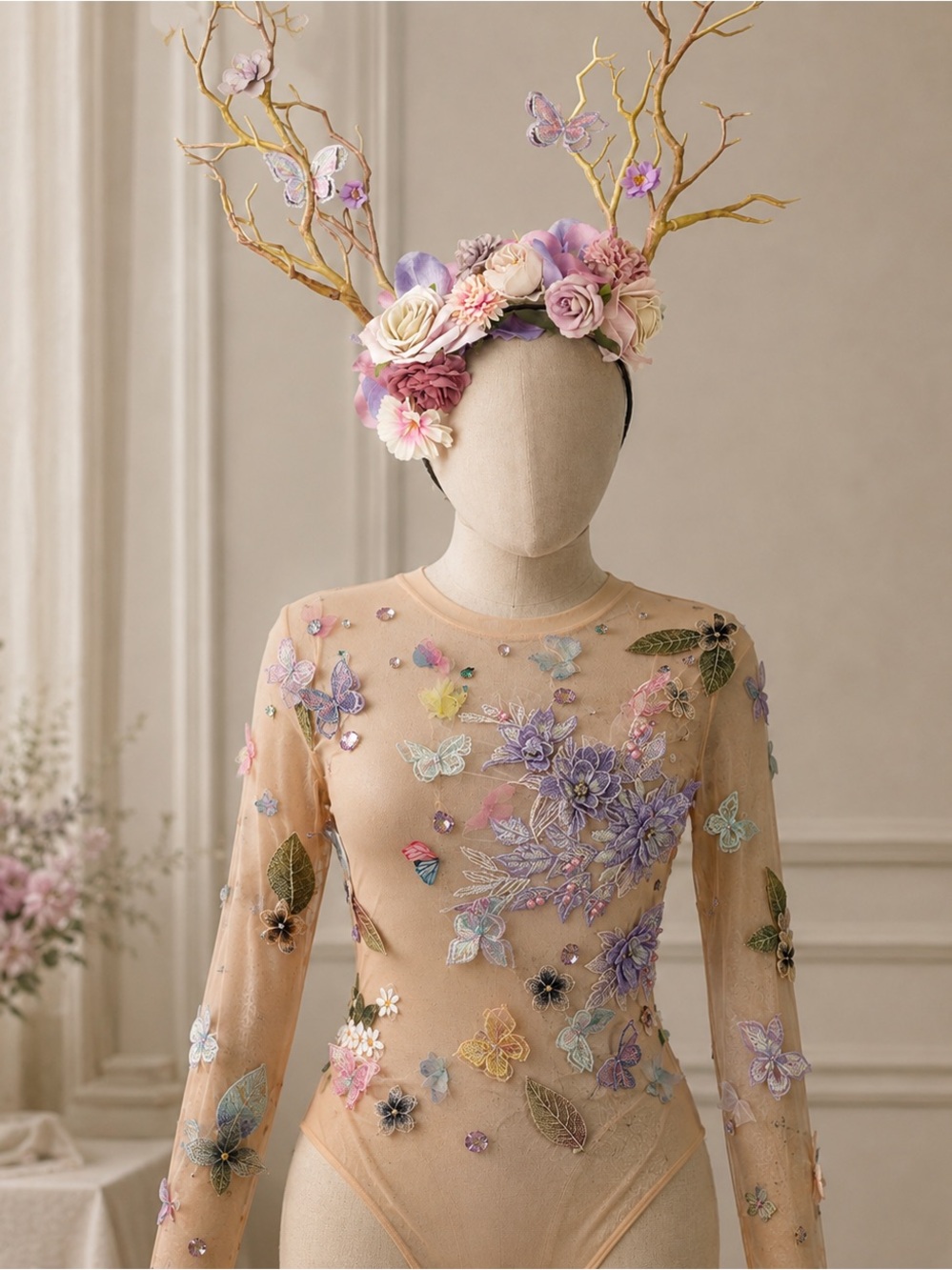 Floral Butterfly Embroidered Sheer Bodysuit in Nude